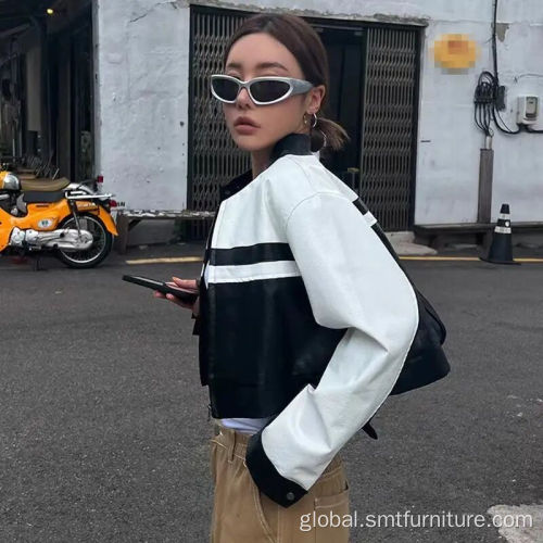 Leather Jacket Women Black and white patchwork PU fabric women jacket Supplier